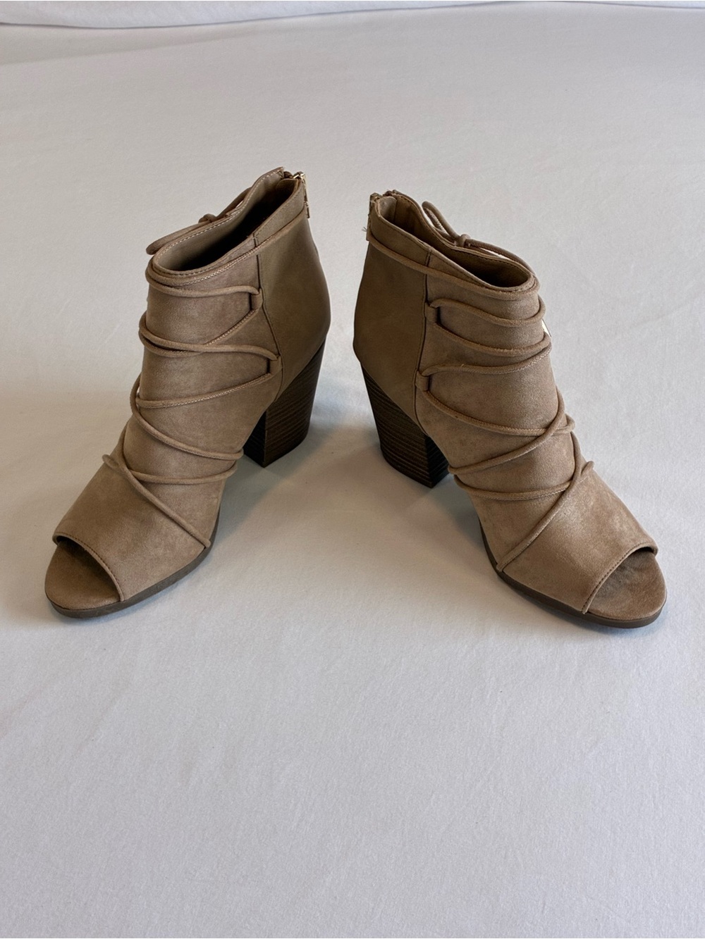 Dress Barn Taupe Peep-Toe Stacked Heel Ankle Boots